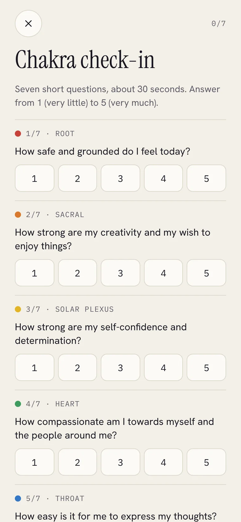 Chakra check-in: seven questions, each answered from 1 to 5, starting with how safe and grounded you feel today.