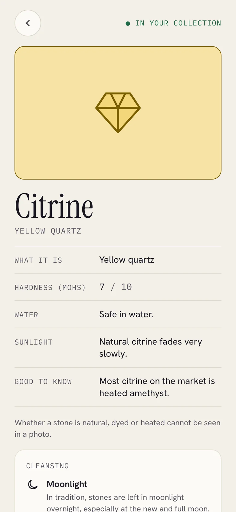 Citrine detail: yellow quartz, hardness 7 of 10, safe in water, natural citrine fades very slowly, and a cleansing card for moonlight.