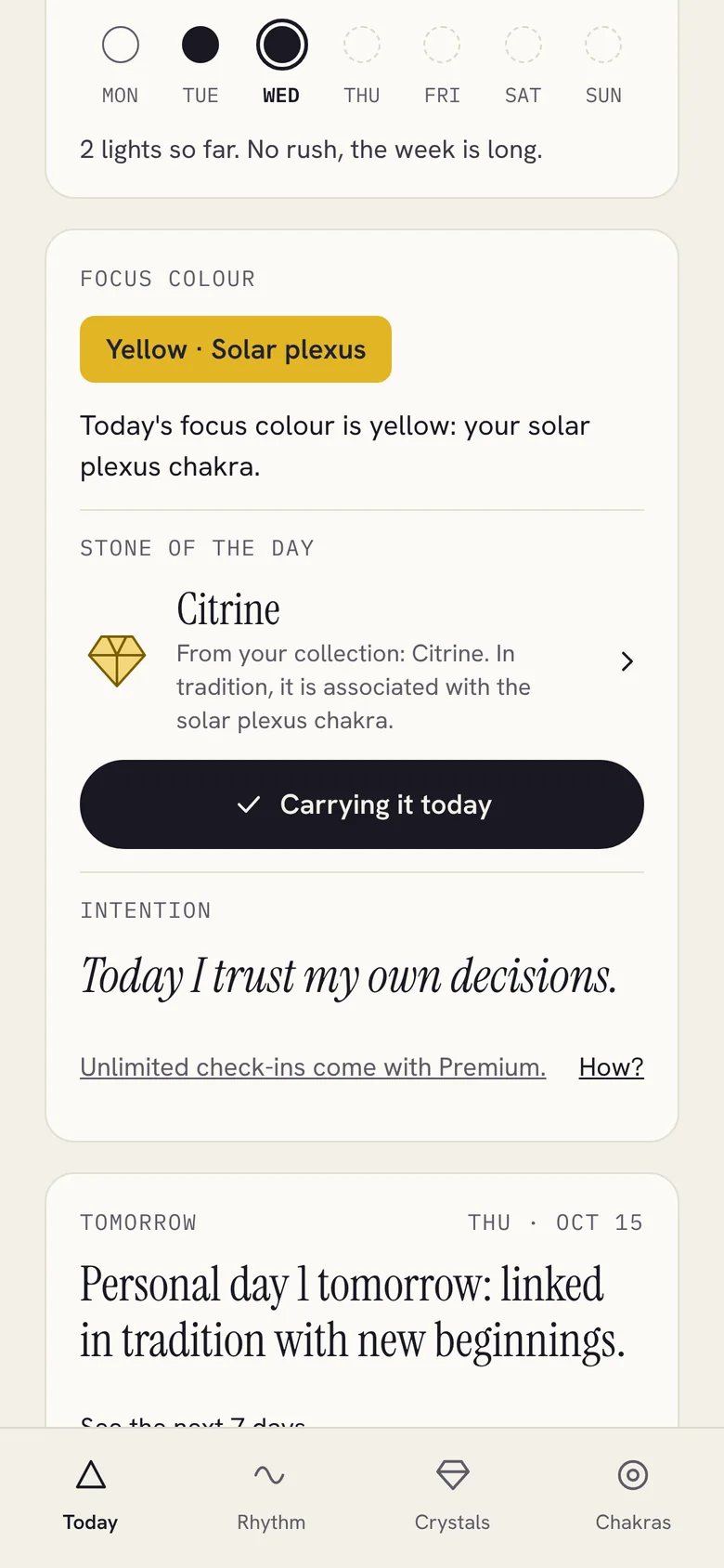 Focus colour yellow, solar plexus, with Citrine as the stone of the day and a Carrying it today button.